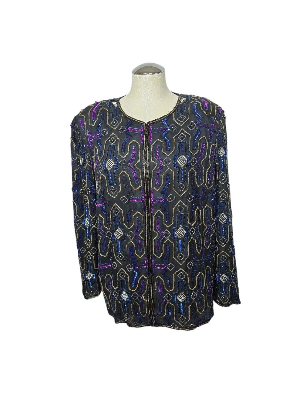 Stenay Woman Silk Beaded Hook Black Blue Yellow Purple Vintage Cardigan 1X